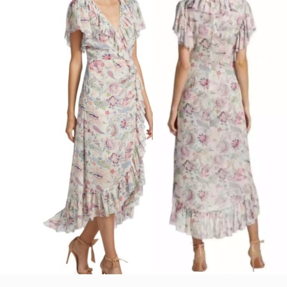 Cinq a Sept Pink and Green Asymmetrical Ruffled Wrap Sundress